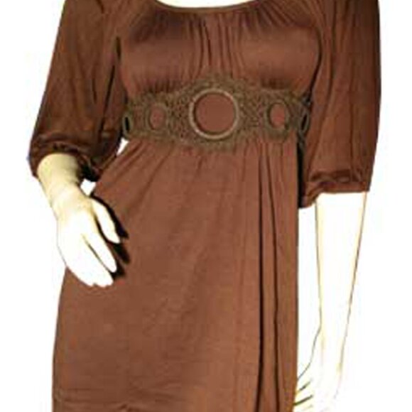New Y2K Womens Tunic Top Blouse S Empire Waist Square Neck Boho Princess Brown - Picture 6 of 6